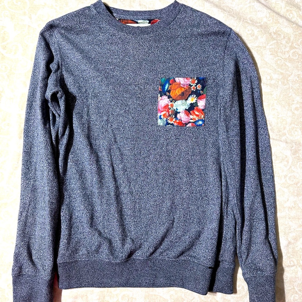 Men's Blue Crewneck Sweater with Floral Pocket